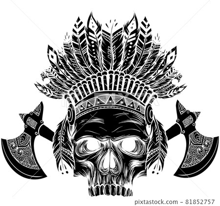 American Indian skull chief with tomahawk... - Stock Illustration ...