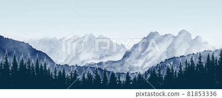 Watercolor painting of pine mountain forest. 81853336