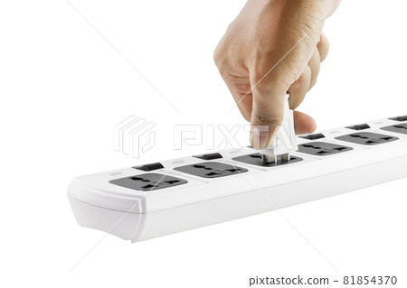 Hand putting plug in extension cord isolated on white a background - clipping paths Hand putting plug in extension cord isolated on white a background - clipping paths 81854370
