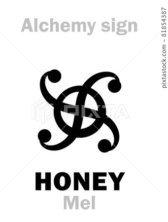 Alchemy Alphabet: HONEY (Mel), also: Mead -- sweet viscous fluid food made by bees from nectar collected from flowers. Alchemical sign, Medieval symbol. Alchemy Alphabet: HONEY (Mel), also: Mead -- sweet viscous fluid food made by bees from nectar collected from flowers. Alchemical sign, Medieval symbol. 81854387