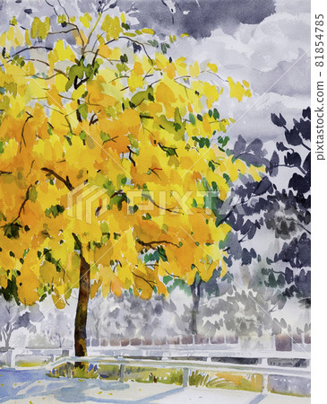 Painting watercolor landscape of golden tree. 81854785