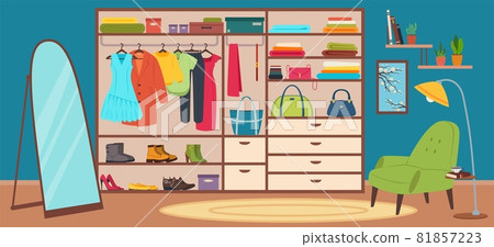 Dressing room interior, wardrobe with fashion women clothes. Modern bedroom design with closet, mirror, chair flat cartoon vector illustration Dressing room interior, wardrobe with fashion women clothes. Modern bedroom design with closet, mirror, chair flat cartoon vector illustration 81857223