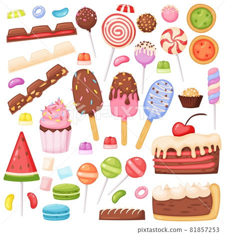 Cartoon candy and desserts, cookies, lollipops, ice cream. Jelly beans, marshmallow, cake slices, chocolate. Delicious confectionery vector set 81857253