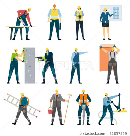 Building construction worker, contractor, engineer, architect, builder. Professional maintenance, home renovation and repair workers Vector set 81857259