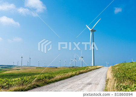 Refreshing clear blue sky, white road in Soya Hills and wind farm Sightseeing image of Wakkanai City, Hokkaido 81860894
