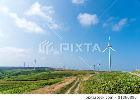 Refreshing clear blue sky, white road in Soya Hills and wind farm Sightseeing image of Wakkanai City, Hokkaido 81860896
