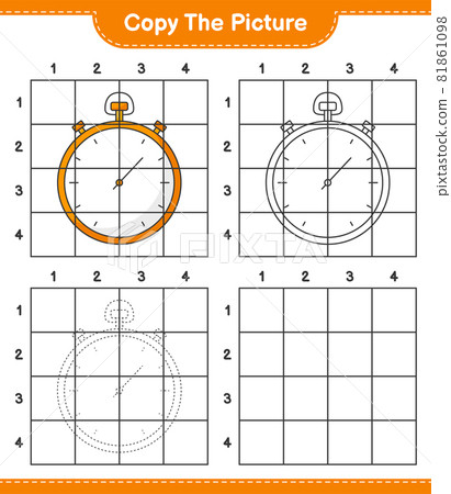Copy the picture, copy the picture of Stopwatch using grid lines. Educational children game, printable worksheet, vector illustration Copy the picture, copy the picture of Stopwatch using grid lines. Educational children game, printable worksheet, vector illustration 81861098