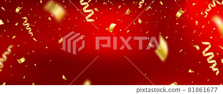 Anniversary, celebration red long banner. Christmas luxury gold background. Golden confetti and ribbon. Birthday glitter decor. Holiday party poster. Premium design element. Vector illustration 81861677
