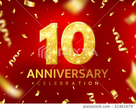 Anniversary 10 year card. Golden confetti ribbon red banner. Luxury gold background. Birthday glitter number decor. Celebration poster. Invitation booklet. Premium design element. Vector illustration 81861679