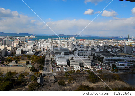 從香川縣丸龜市國家指定史蹟丸龜城跡（龜山公園）眺望丸龜市政府等中心 81862642