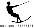 Water skiing vector silhouette illustration isolated on white. Water ski sport. Summer time on beach. Ski acrobat on the sea. Lifeguard water patrol on duty. Kite surfer or parasailing. Kite boarding. 81863181