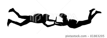 Parachutist couple in love flight vector silhouette illustration isolated on white. Girl and boy in air jump. Skydiver acrobatics. Extreme sport fun entertainment. Airdrop brave hand holding couple. 81863205