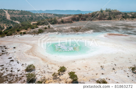 Open pit of old copper mine with dried polluted lake bed in Limni, Cyprus 81863272
