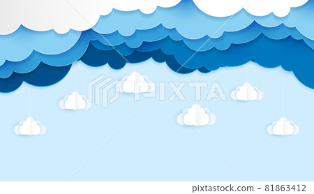 Beautiful fluffy blue clouds paper cut art style. Place for text. vector design 81863412