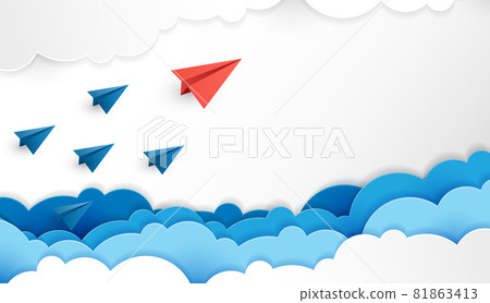Paper plane are competition to destination up to the clouds and sky go to success goal. financial concept. leadership. creative idea. nature landscape and concept of business by paper art. vector 81863413