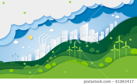 Paper cut of ecology and environment conservation creative idea concept. green eco urban city and nature landscape background paper art style. vector design Paper cut of ecology and environment conservation creative idea concept. green eco urban city and nature landscape background paper art style. vector design 81863417