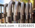A picture in color of some riot fences in storage 81864805