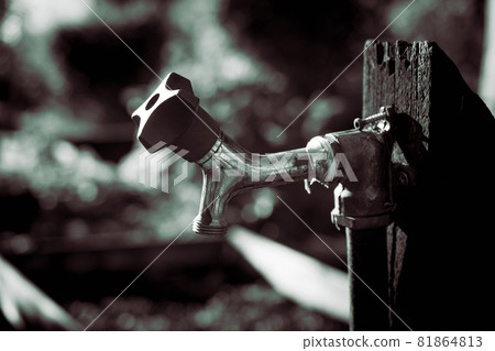 A close up monochromatich image of a water tap on a wooden pole 81864813