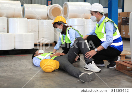 Dangerous accident in warehouse during work , worker accident factory , safety first for working Dangerous accident in warehouse during work , worker accident factory , safety first for working 81865432