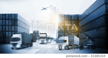 Double exposure of delivery industry and logistics concept container truck ,ship in port and freight cargo plane in transport and import-export commercial logistic ,blue tone Double exposure of delivery industry and logistics concept container truck ,ship in port and freight cargo plane in transport and import-export commercial logistic ,blue tone 81866164