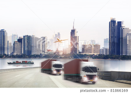 Double exposure of delivery industry and logistics concept container truck ,ship in port and freight cargo plane in transport and import-export commercial logistic ,shipping business industry 81866169