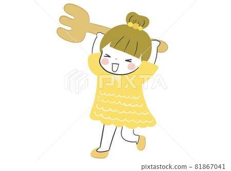 一個可愛的女孩拿著叉子微笑著準備米飯 一個可愛的女孩拿著叉子微笑著準備米飯 81867041