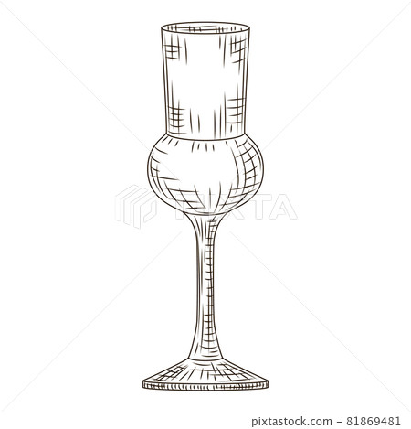 Empty glass schnapps engraved style isolated on white background. Vintage sketch black outline close up. Empty glass schnapps engraved style isolated on white background. Vintage sketch black outline close up. 81869481