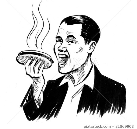 Happy man eating a hot dog. Ink black and white drawing Happy man eating a hot dog. Ink black and white drawing 81869908