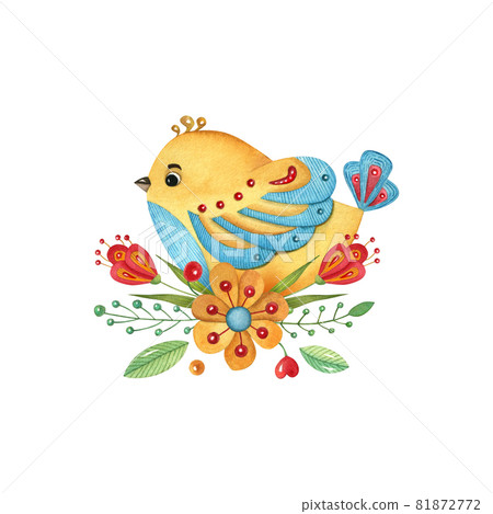 Watercolor hand-painted illustration with bird and flower decor. Cute design for textile, scrapbooking, nursery, kids wrapping, poster, and print. 81872772