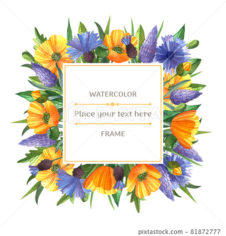 Bright watercolor frame with wildflowers on the white background. Buttercups, lavender and cornflowers. Ideal for greeting card, invitation, banner, posters with space for the text. 81872777