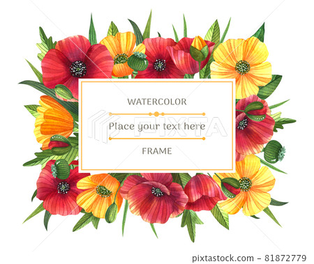 Bright watercolor frame with wildflowers on the white background. Poppies and buttercups with buds and leaves. Ideal for greeting card, invitation, banner, posters with space for the text. Bright watercolor frame with wildflowers on the white background. Poppies and buttercups with buds and leaves. Ideal for greeting card, invitation, banner, posters with space for the text. 81872779