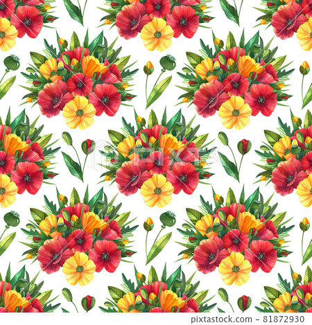 Watercolor seamless pattern with poppies, buttercups and leaves. Floral elements with flowers and buds on the white background. 81872930
