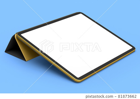 Computer tablet with gold cover case and pencil isolated on blue background. 81873662