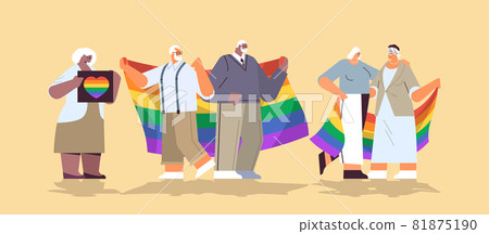 mix race senior people group holding lgbt rainbow flag gay lesbian love parade pride festival transgender love concept 81875190