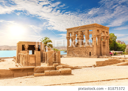 Trajan's Kiosk and Hathor temple on Philae island in the Nile, Aswan, Egypt 81875372