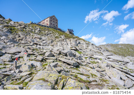 New Prague Hut, German: Neuer Prager Hutte. Mountain house and start point of Grossvenediger glacier hike. Hohe Tauern National Park, East Tyrol, Austria 81875454