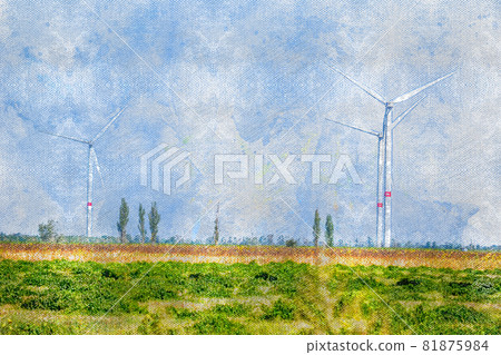 A wind farm in the field. Tall white three-bladed wind generators against a clear sky. Industrial landscape. Digital watercolor painting. A wind farm in the field. Tall white three-bladed wind generators against a clear sky. Industrial landscape. Digital watercolor painting. 81875984