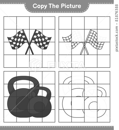 Copy the picture, copy the picture of Racing Flags and Dumbbell using grid lines. Educational children game, printable worksheet, vector illustration 81876388