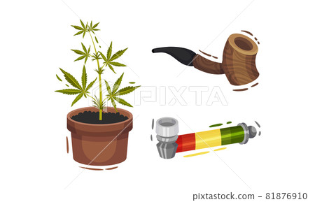 Marijuana Leaf, Bottle, Cigarettes and Pipe for Smoking. Stock