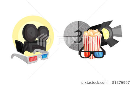 Cinema Elements with Popcorn Basket and 3D Glasses Vector Composition Set 81876997