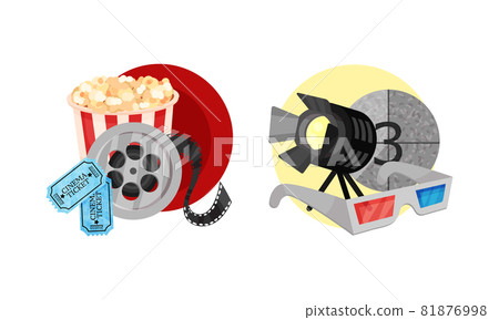 Cinema Elements with Popcorn Basket and 3D Glasses Vector Composition Set Cinema Elements with Popcorn Basket and 3D Glasses Vector Composition Set 81876998