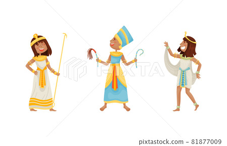 Egyptian God and Deities Wearing Antique Clothing and Holding Rod Vector Set 81877009