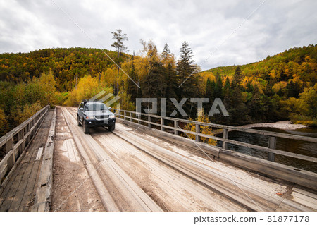 Mitsubishi Pajero Sport on wooden bridge in autumn forest 81877178