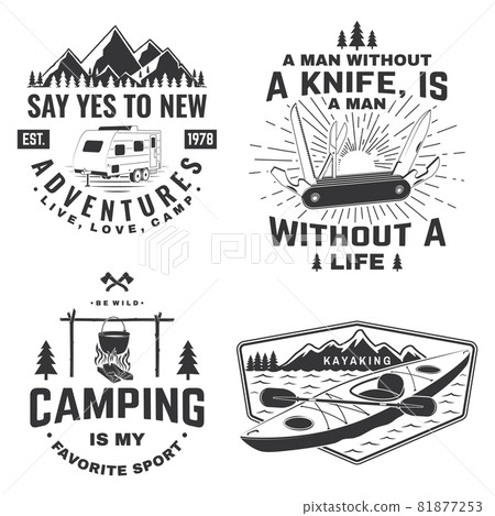 Set of camping badges, patches. Vector illustration. Concept for shirt or logo, print, stamp or tee. Vintage typography design with camping equipment, forest, camper rv and mountain silhouette Set of camping badges, patches. Vector illustration. Concept for shirt or logo, print, stamp or tee. Vintage typography design with camping equipment, forest, camper rv and mountain silhouette 81877253