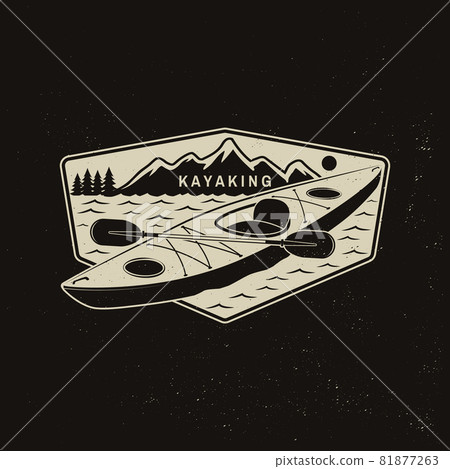 Kayaking. Outdoor adventure. Vector illustration. Concept for shirt or logo, print, stamp or tee. Vintage typography design with kayak and mountain silhouette. Camping patch, badge 81877263