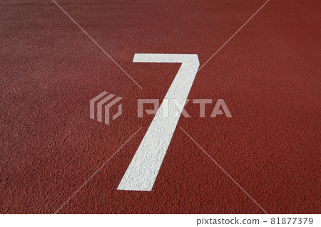 Lane number written on the track and field track of the athletics stadium 81877379
