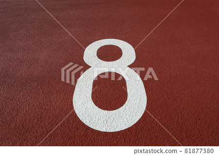 Lane number written on the track and field track of the athletics stadium 81877380