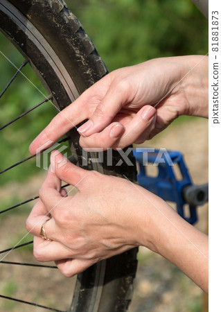 Women's hands between the spokes on the rim of the wheel. Bicycle repair concept Women's hands between the spokes on the rim of the wheel. Bicycle repair concept 81881873