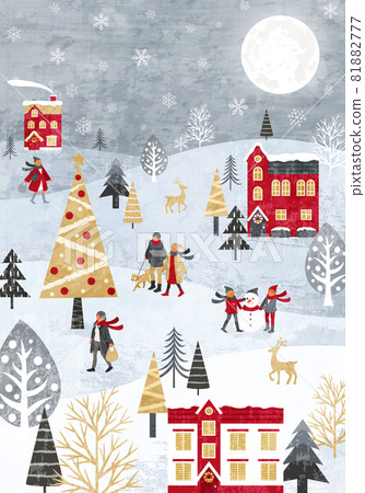 Snowy Christmas skyline and people vector illustration background (christmas, X'mas) 81882777
