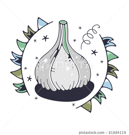 Cute illustration with garlic. Isolated on a white background. Vector doodle illustrations. Cute illustration with garlic. Isolated on a white background. Vector doodle illustrations. 81884119